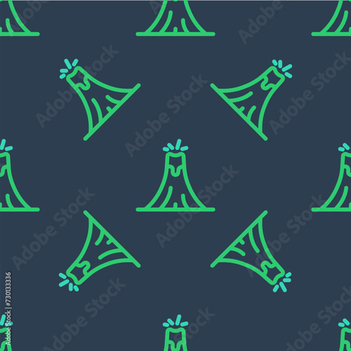Line Volcano eruption with lava icon isolated seamless pattern on blue background. Vector