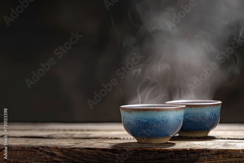 Two steaming cups of hot tea on dark wooden table capturing moment of warmth and aroma closeup of cups reveals delicate steam rising suggesting fresh and tasty beverage perfect for breakfast or break