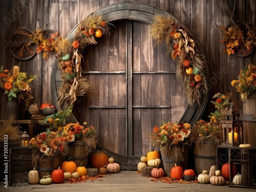 Autumn Harvest Feast: Thanksgiving Backdrop with Colorful Fruit, Cranberry Barrel, and Corn in Wooden Barn 