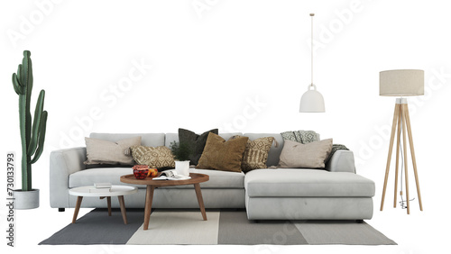 Comfortable Living Room with Stylish Sofa and Pillows Interior furniture set 3D render. Living room house floor template background mockup design , isolated on transparent background