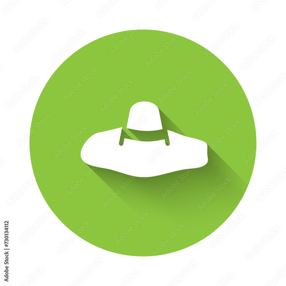 White Elegant women hat icon isolated with long shadow. Green circle button. Vector White Elegant women hat icon isolated with long shadow. Green circle button. Vector