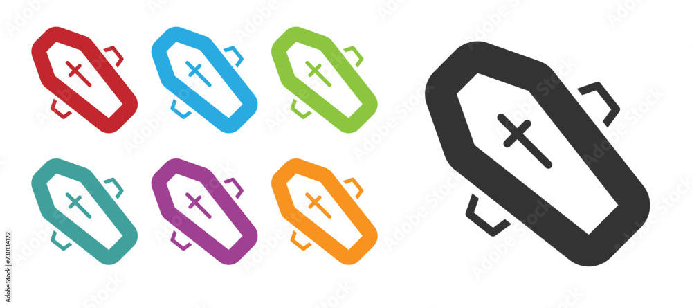 Black Coffin with christian cross icon isolated on white background. Happy Halloween party. Set icons colorful. Vector Black Coffin with christian cross icon isolated on white background. Happy Halloween party. Set icons colorful. Vector