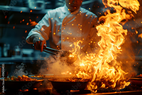 Chef Preparing Food on Fire in a Restaurant