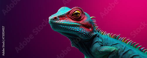 the green background of the photo creates a colorful background for the colorful lizard