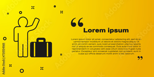 Black Tourist with suitcase icon isolated on yellow background. Travelling, vacation, tourism concept. Vector