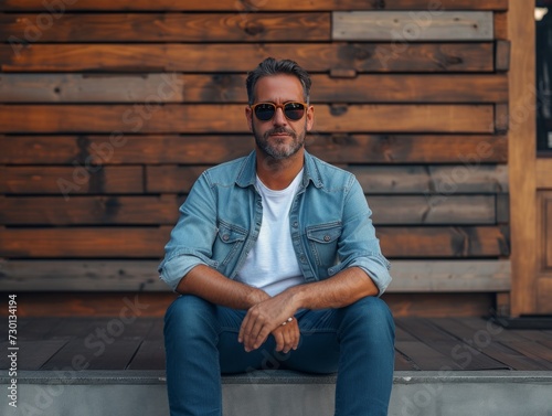 a man in blue jeans with sunglasses sitting on a wooden wall