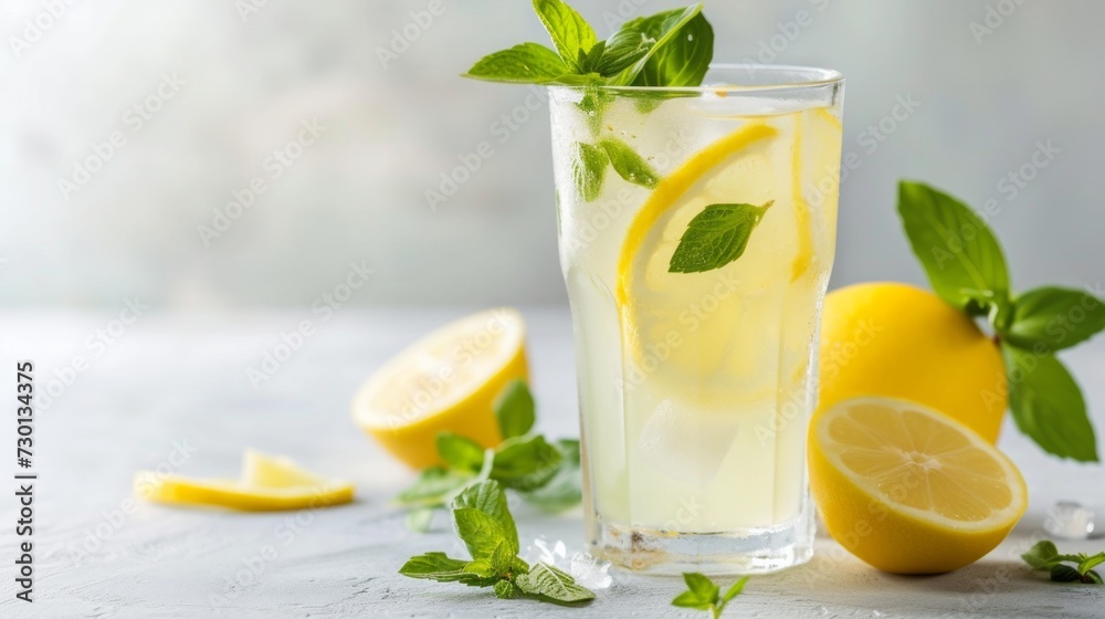 Fototapeta premium A refreshing glass of lemonade garnished with a slice of lemon and sprigs of fresh mint