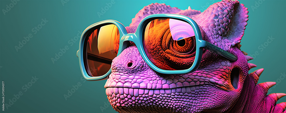 a cartoon lizard with glasses on green background, in the style of photobashing, dark pink and light azure