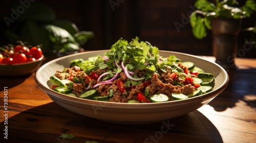 Larb Gai Minced Chicken Salad with Fresh Herbs. Best For Banner  Flyer  and Poster