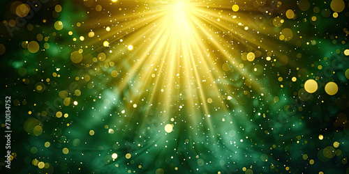 a beautiful light shining out with golden rays bokeh green   bright green sun shining through dark background. Suitable for nature  environmental  energy  and abstract concepts. Textures  patterns 