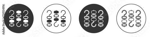 Black Grilled shish kebab on skewer stick icon isolated on white background. Meat kebab on skewer stick. Picnic with grilled meat. Circle button. Vector