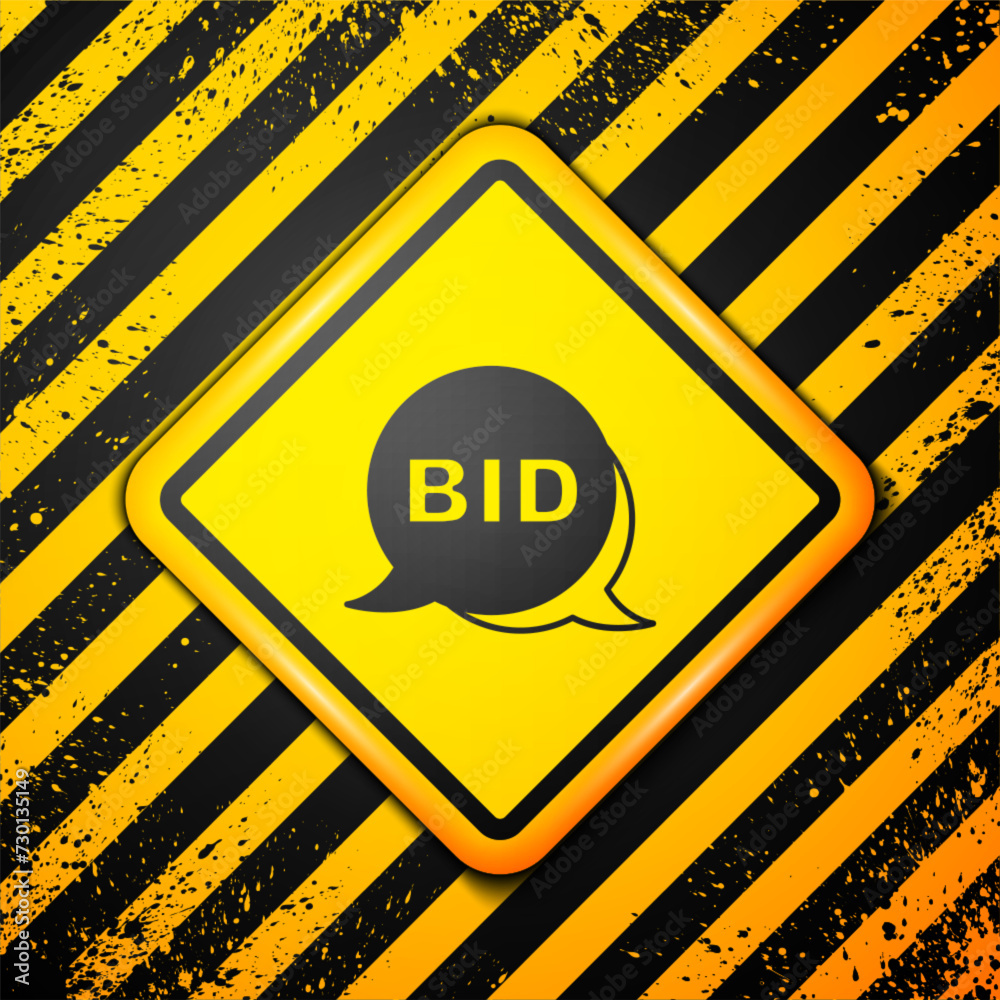 Black Bid icon isolated on yellow background. Auction bidding. Sale and buyers. Warning sign. Vector Black Bid icon isolated on yellow background. Auction bidding. Sale and buyers. Warning sign. Vector