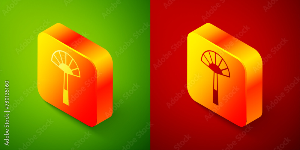 Isometric Egyptian fan icon isolated on green and red background. Square button. Vector Isometric Egyptian fan icon isolated on green and red background. Square button. Vector