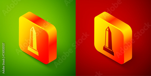 Isometric Obelisk of Alexandria icon isolated on green and red background. Stone monument. Historical monument. High pillar memorial and column. Square button. Vector