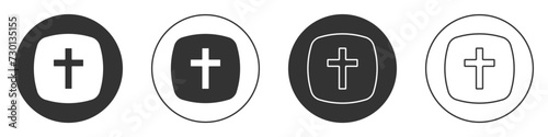 Black Christian cross icon isolated on white background. Church cross. Circle button. Vector photo
