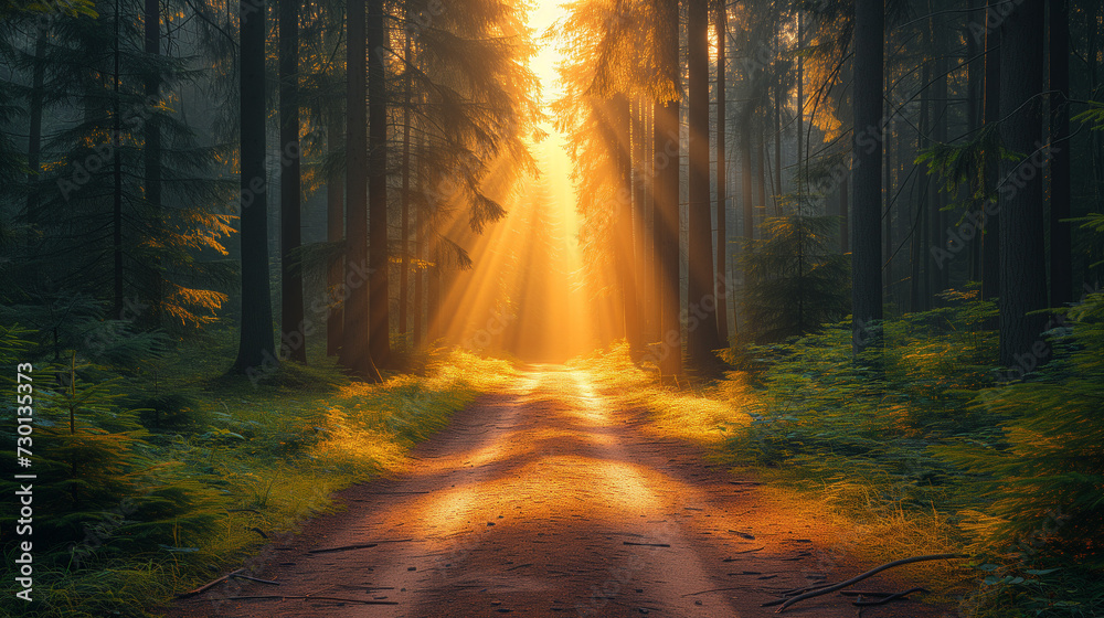 Sun rays in the woods, A dirt road in the middle of a forest with sunbeams shining through the trees on either side of the road is a dirt road with grass and trees, Ai generated image