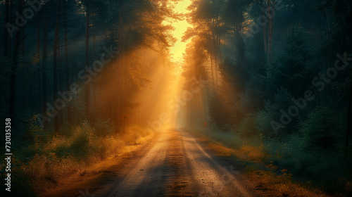 Sun rays through the forest  A dirt road in the middle of a forest with sunbeams shining through the trees on either side of the road is a dirt road with grass and trees  Ai generated image