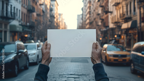 People person hands holding showing blank white empty paper board banner card billboard note board sign on street for text advertising message, protest concept photo