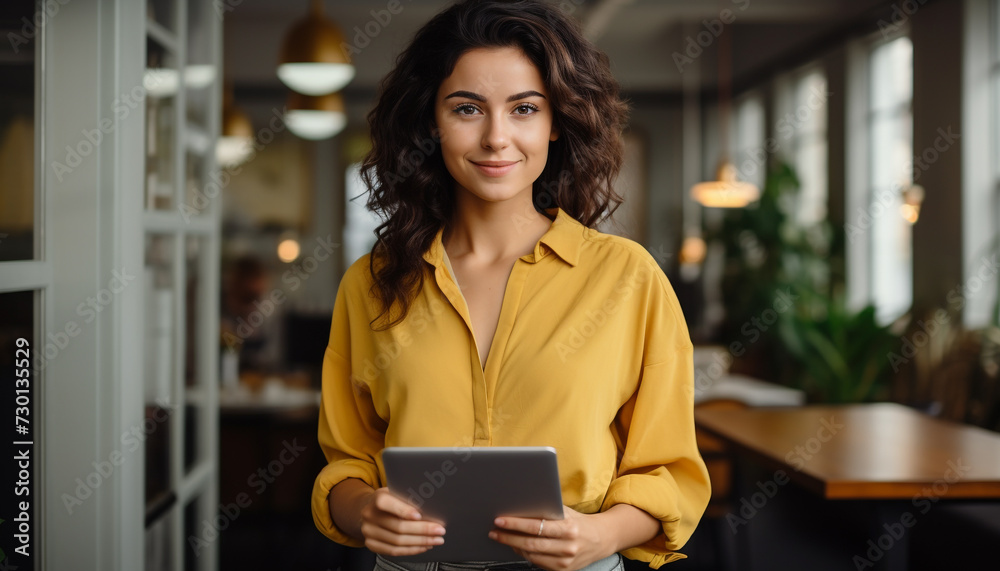 Young woman smiling, looking at camera, holding digital tablet generated by AI Young woman smiling, looking at camera, holding digital tablet generated by AI