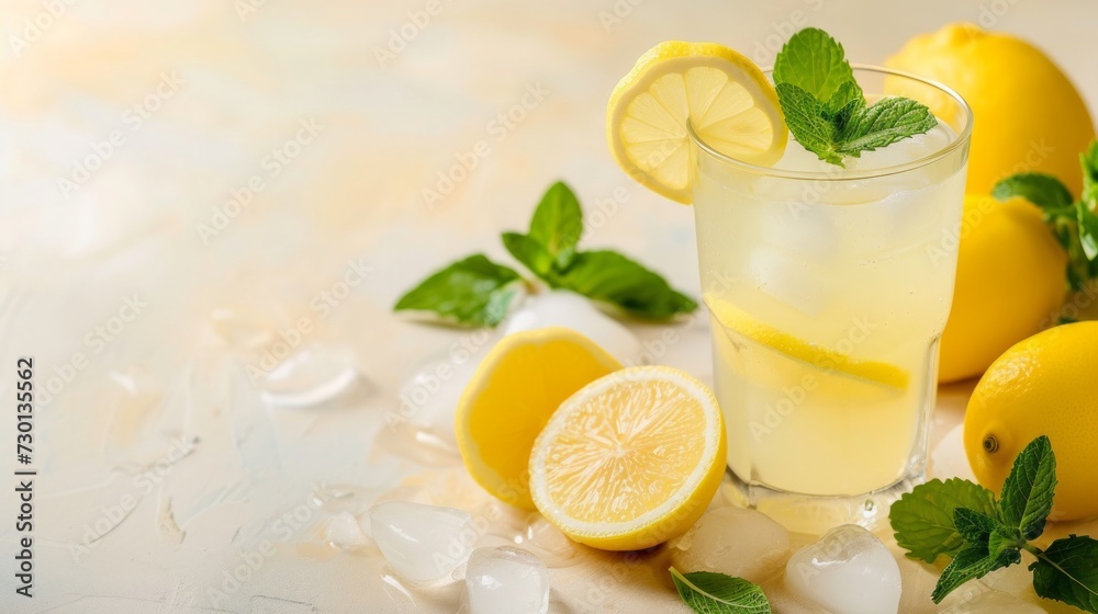 Fototapeta premium A refreshing glass of lemonade garnished with a slice of lemon and sprigs of fresh mint