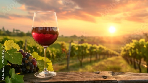 A rustic vineyard landscape at sunset, with rows of grapevines and a glass of red wine
