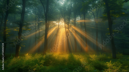 Morning in the forest,  Enchanting sun rays falling through the mist in a golden forest in autumn. The beauty of nature in vibrant warm forest , Ai generated image