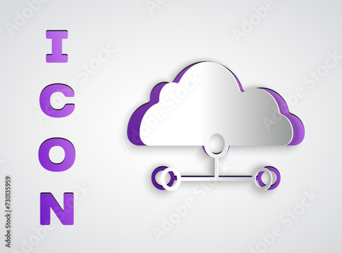 Paper cut Network cloud connection icon isolated on grey background. Social technology. Cloud computing concept. Paper art style. Vector