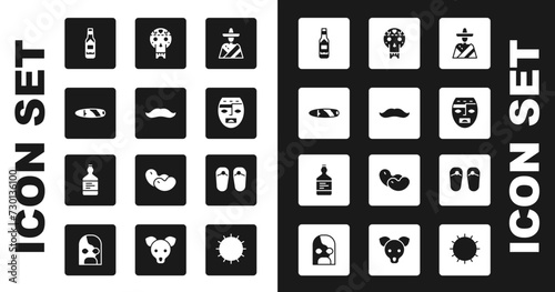 Set Mexican man sombrero, Mustache, Cigar, Tabasco sauce, Aztec mask, skull, Flip flops and Tequila bottle icon. Vector