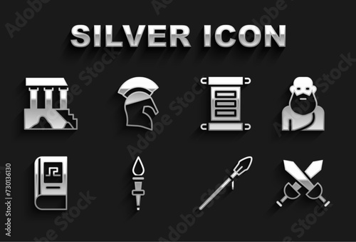 Set Torch flame, Socrates, Crossed medieval sword, Medieval spear, Greek history book, Decree, parchment, scroll, Parthenon and helmet icon. Vector