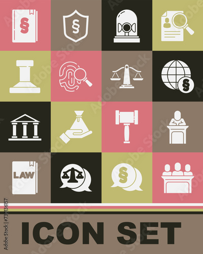Set Jurors, Judge, International law, Flasher siren, Fingerprint, Stamp, Law book and Scales of justice icon. Vector