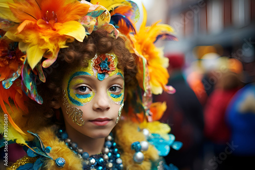 A young child dressed in a festival-ready carnival costume adorned with feathers