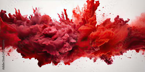 a red splash painting on white background, red  powder dust paint red explosion explode burst isolated splatter abstract. red smoke or fog particles explosive special effect