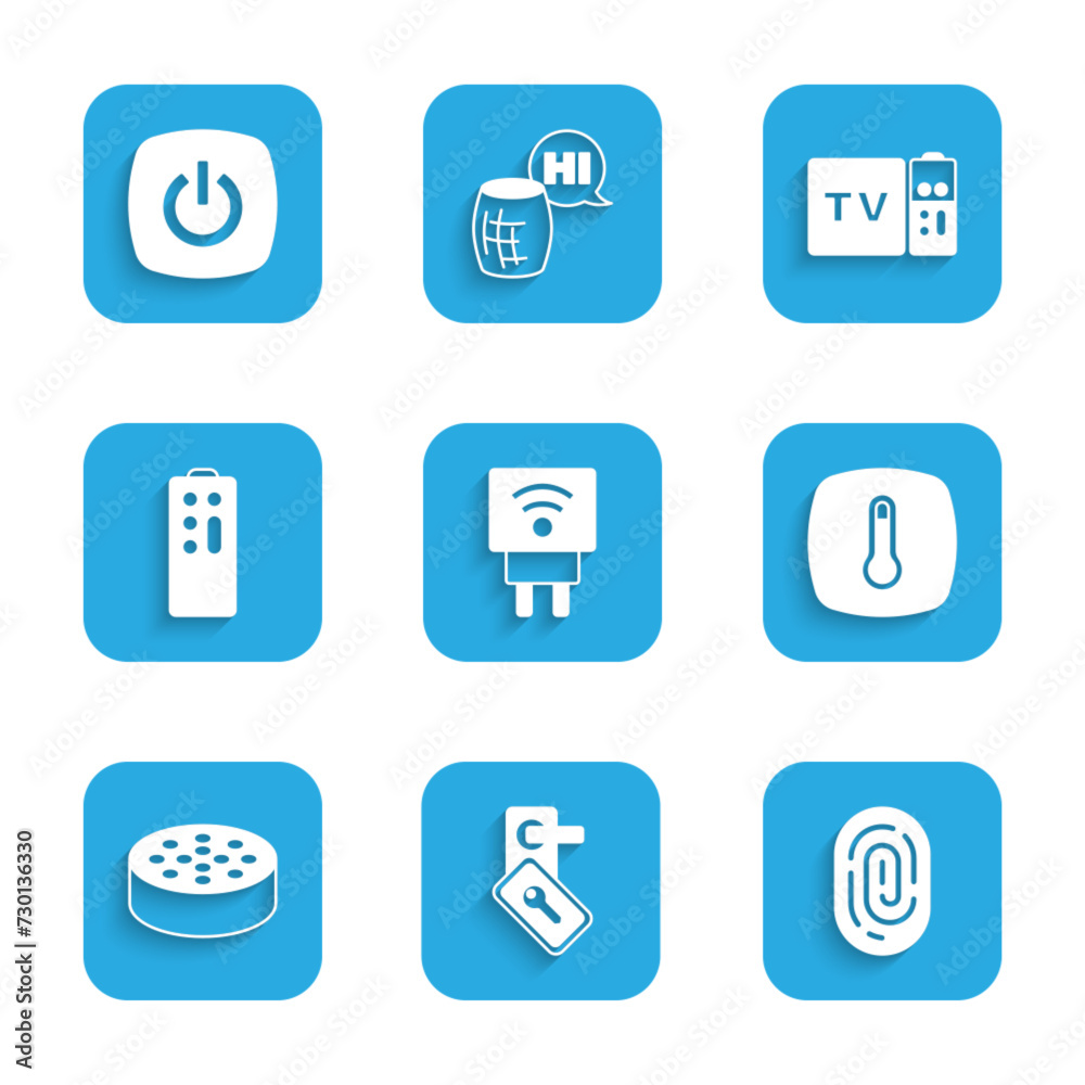 Set Smart electric plug, Digital door lock, Fingerprint, Thermostat, Water sensor, Remote control, Multimedia and TV box receiver and home icon. Vector Set Smart electric plug, Digital door lock, Fingerprint, Thermostat, Water sensor, Remote control, Multimedia and TV box receiver and home icon. Vector
