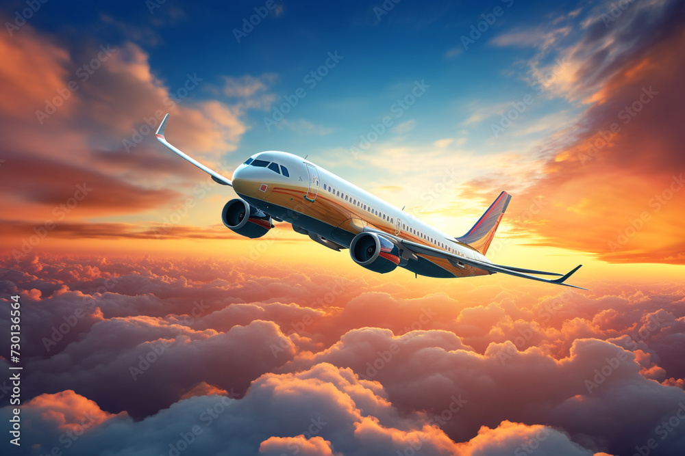 Airplane or plane flying sky. Travel, traveling, transportation, aircraft and aeroplane