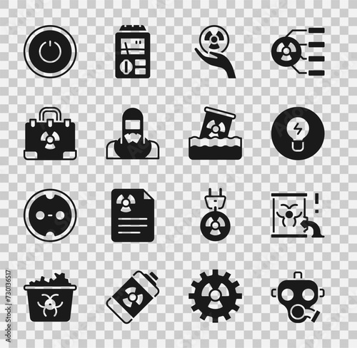 Set Gas mask, Radioactive waste in barrel, Light bulb with concept of idea, Nuclear reactor worker, Radiation nuclear suitcase, Power button and icon. Vector