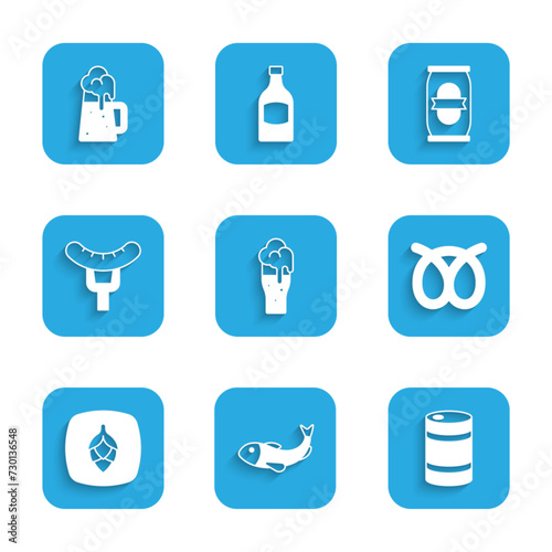 Set Glass of beer, Dried fish, Metal keg, Pretzel, Hop, Sausage on the fork, Beer can and Wooden mug icon. Vector