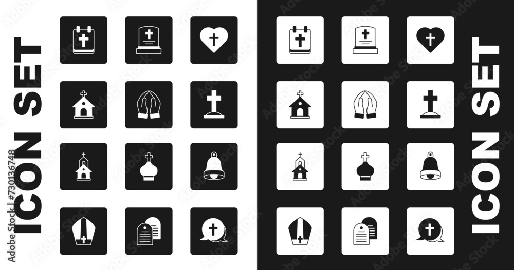Set Christian cross in heart, Hands praying position, Church building, Calendar with Easter, Grave, tombstone, bell and icon. Vector Set Christian cross in heart, Hands praying position, Church building, Calendar with Easter, Grave, tombstone, bell and icon. Vector