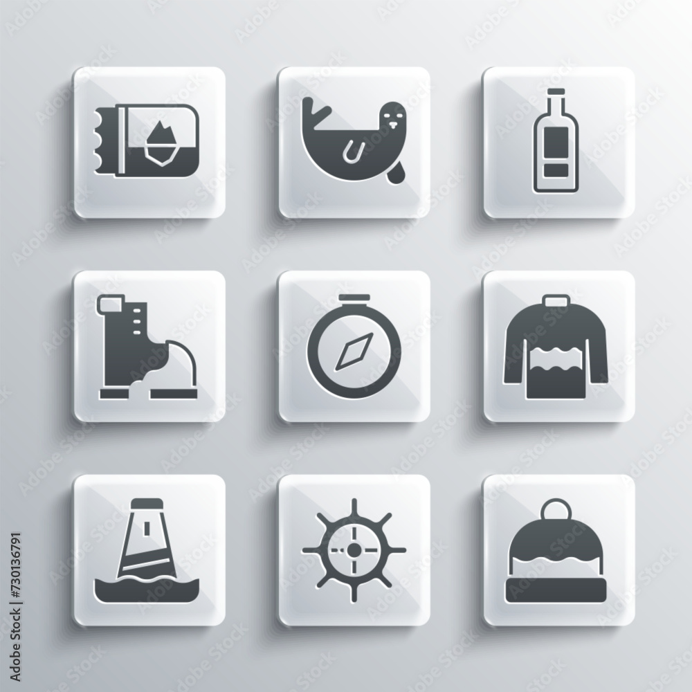 Set Ship steering wheel, Beanie hat, Sweater, Compass, Lighthouse, Winter warm boot, Ticket Iceland and Bottle of vodka icon. Vector Set Ship steering wheel, Beanie hat, Sweater, Compass, Lighthouse, Winter warm boot, Ticket Iceland and Bottle of vodka icon. Vector