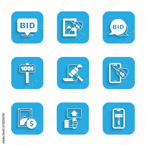 Set Auction hammer, Hand holding auction paddle, Online, painting, Bid and icon. Vector