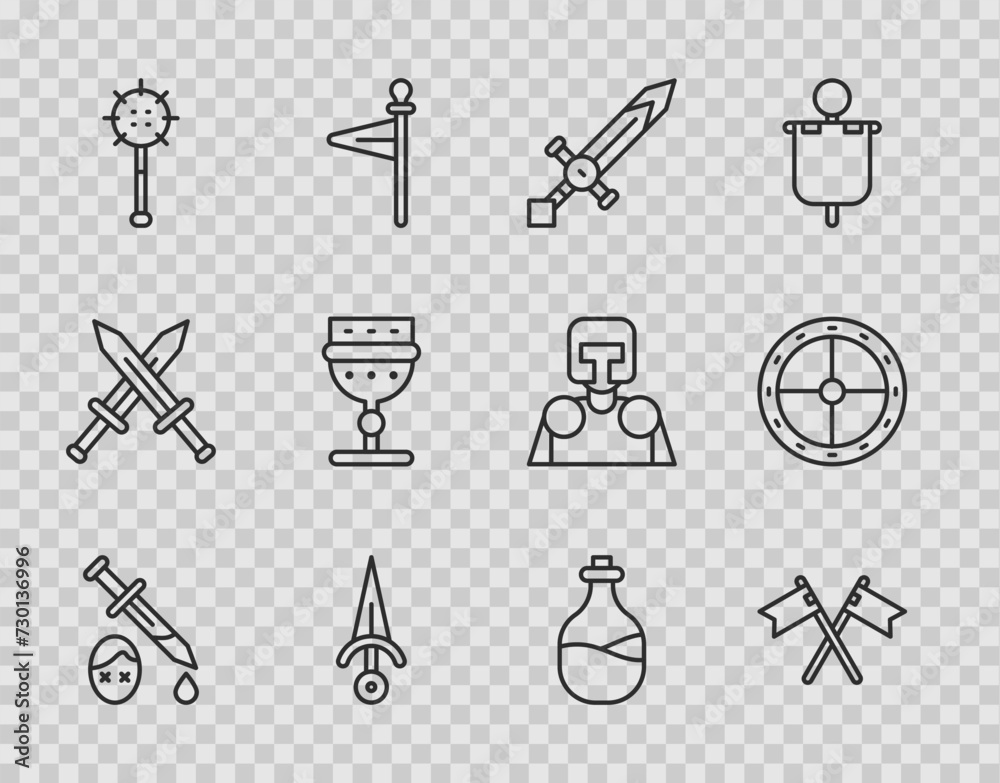 Set line Sword with blood, Crossed medieval flag, Medieval sword, Dagger, chained mace ball, goblet, Old bottle of wine and Round wooden shield icon. Vector Set line Sword with blood, Crossed medieval flag, Medieval sword, Dagger, chained mace ball, goblet, Old bottle of wine and Round wooden shield icon. Vector