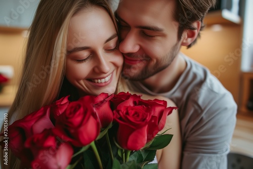 Intimate Moment of Affection: Smiling Couple Embracing with a Bouquet of Red Roses, Symbolizing Love and Romance