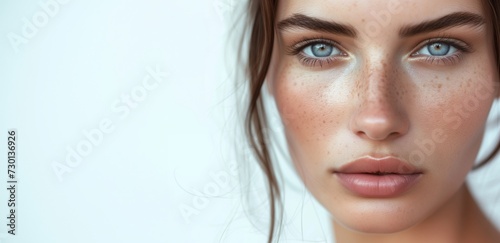Stunning Close-Up Portrait of a Young Woman with Freckles, Embodying Natural Beauty and Purity