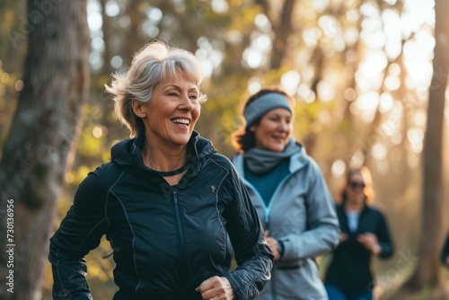 Active Senior Women Enjoying Friendship and Exercise on a Nature Walk in the Woods