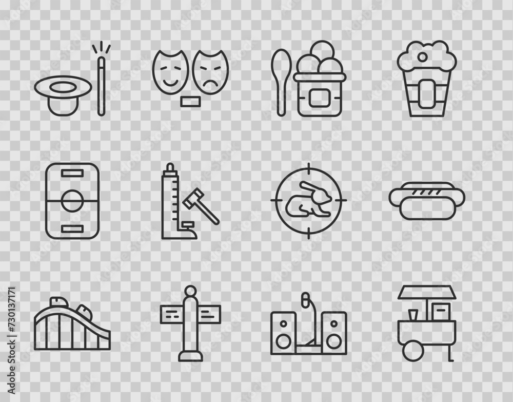 Set line Roller coaster, Fast street food cart, Ice cream in bowl, Road traffic signpost, Magic hat and wand, Striker attraction with hammer, Home stereo two speakers and Hotdog icon. Vector