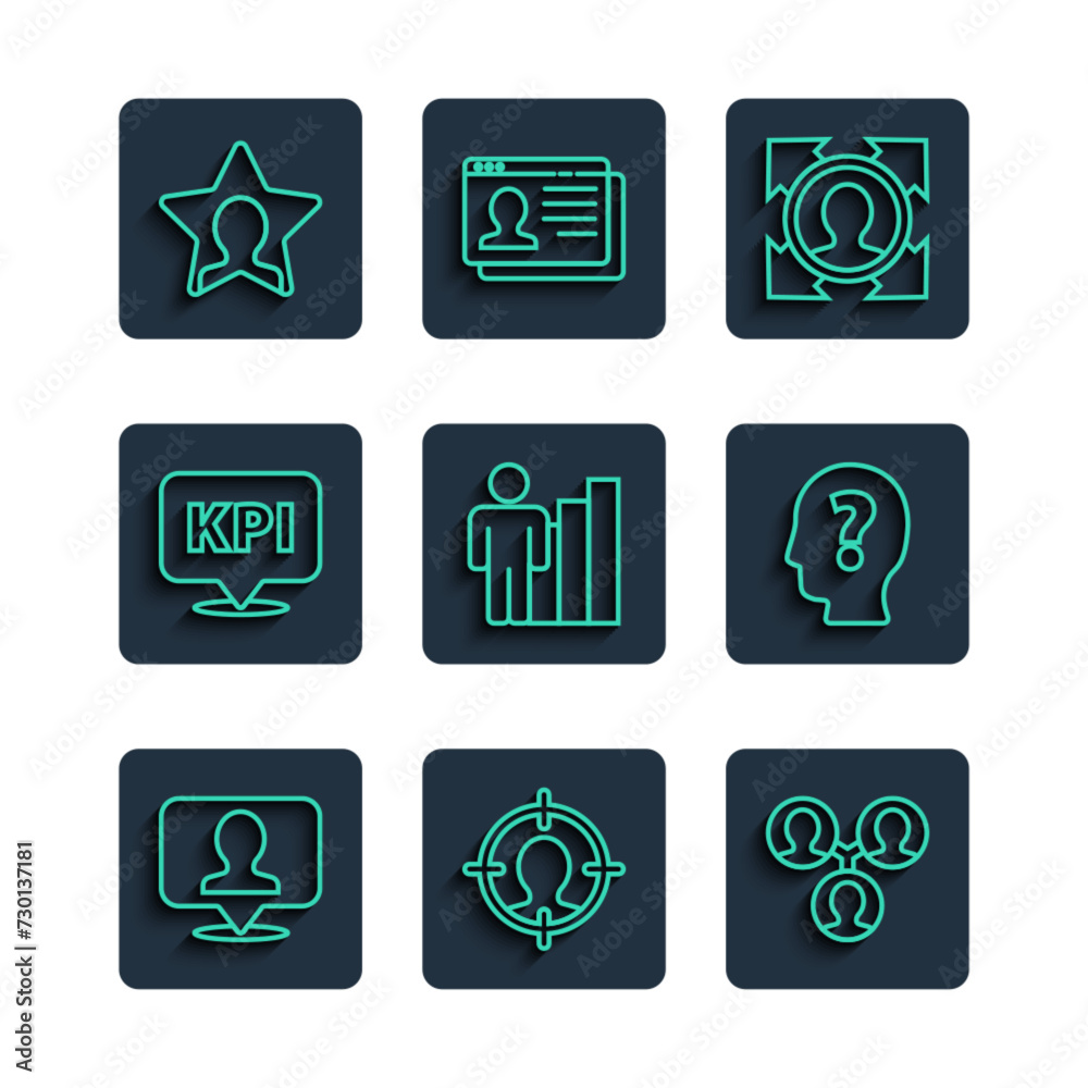 Set line Location with person, Head hunting, Project team base, Productive human, Key performance indicator, and question mark icon. Vector