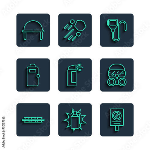 Set line Barbed wire, Hand grenade, Protest, Walkie talkie, Pepper spray, Police assault shield, Military helmet and Gas mask icon. Vector