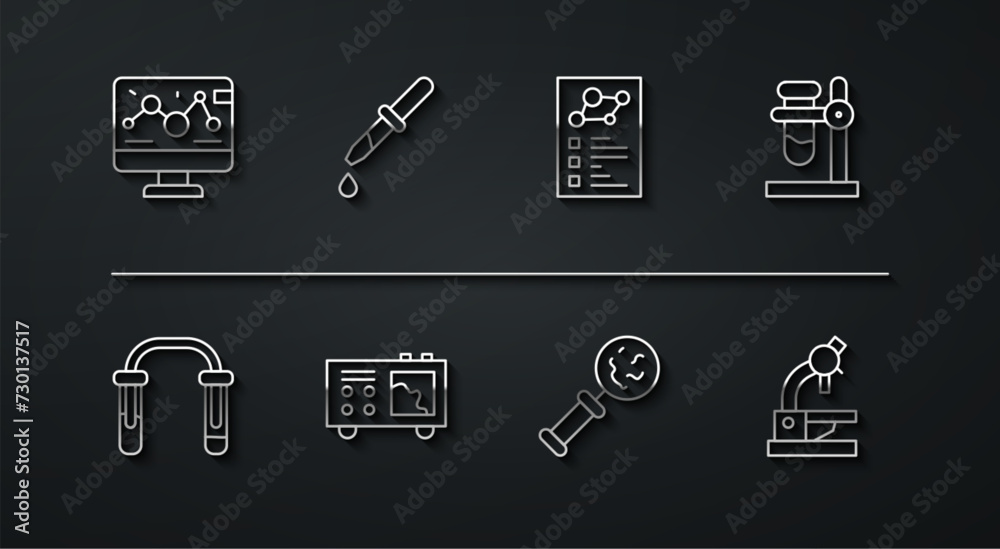 Set line Genetic engineering modification, Test tube and flask, stand, Microorganisms under magnifier, Spectrometer, Pipette, Microscope and Clinical record icon. Vector Set line Genetic engineering modification, Test tube and flask, stand, Microorganisms under magnifier, Spectrometer, Pipette, Microscope and Clinical record icon. Vector
