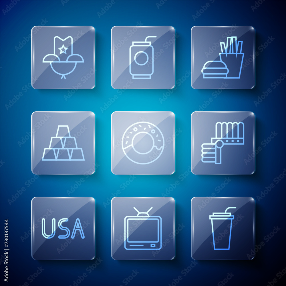 Set line USA label, Retro tv, Paper glass with straw, Burger and french fries, Donut, Gold bars, Western cowboy hat and Indian headdress feathers icon. Vector Set line USA label, Retro tv, Paper glass with straw, Burger and french fries, Donut, Gold bars, Western cowboy hat and Indian headdress feathers icon. Vector