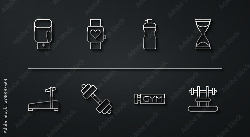 Set line Boxing glove, Treadmill machine, Old hourglass, Location gym, Dumbbell, Smart watch, Bench with barbel and Fitness shaker icon. Vector Set line Boxing glove, Treadmill machine, Old hourglass, Location gym, Dumbbell, Smart watch, Bench with barbel and Fitness shaker icon. Vector