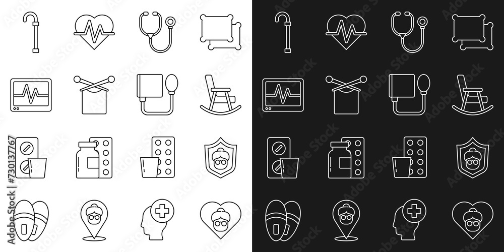 Set line Grandmother, Rocking chair, Stethoscope, Knitting, Monitor with cardiogram, Walking stick cane and Blood pressure icon. Vector